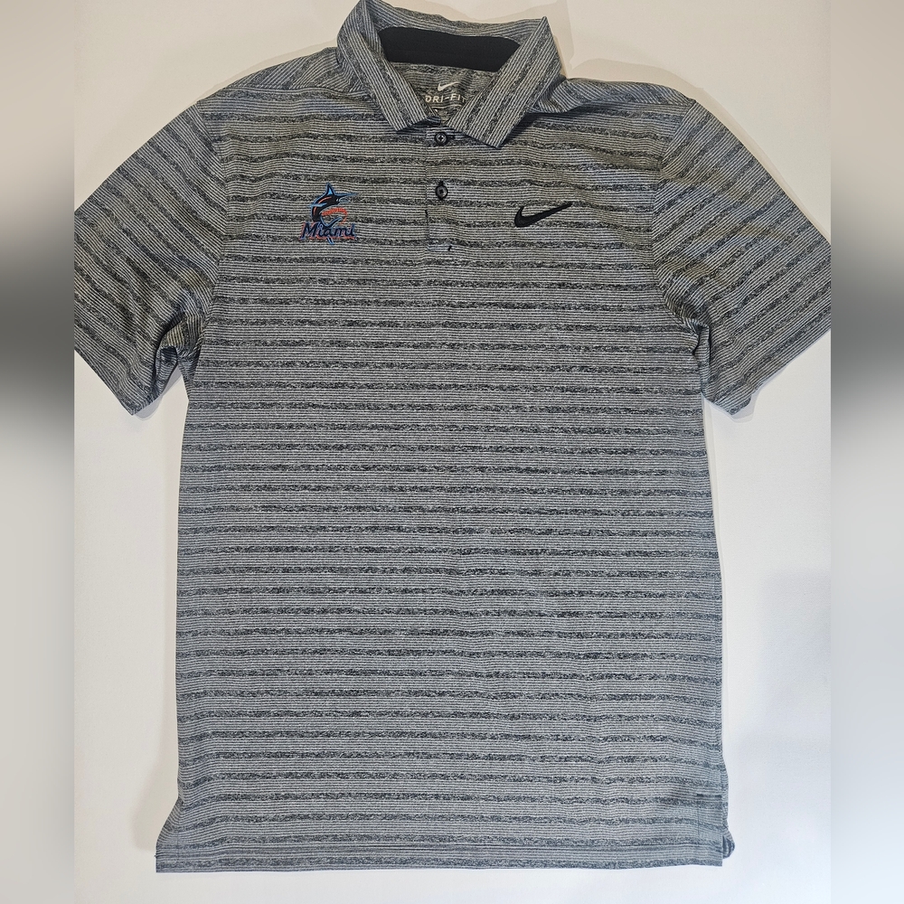 Vintage Nike Polo Mens Small Dri-Fit Miami Marlins Logo MLB Grey Black Swoosh